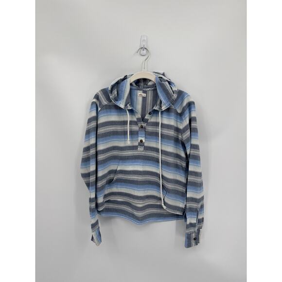 Hollister Womens Striped Pullover Hoodie Blue Gray White 100% Cotton Size Small - Picture 1 of 6